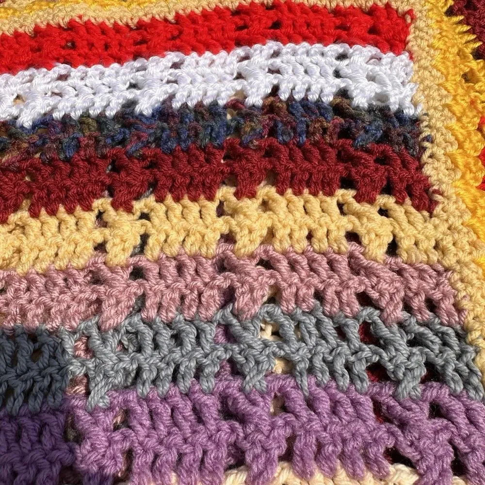 Handmade Crocheted Striped Multicolor Throw Blanket 43x43 in Grandmacore Cottage